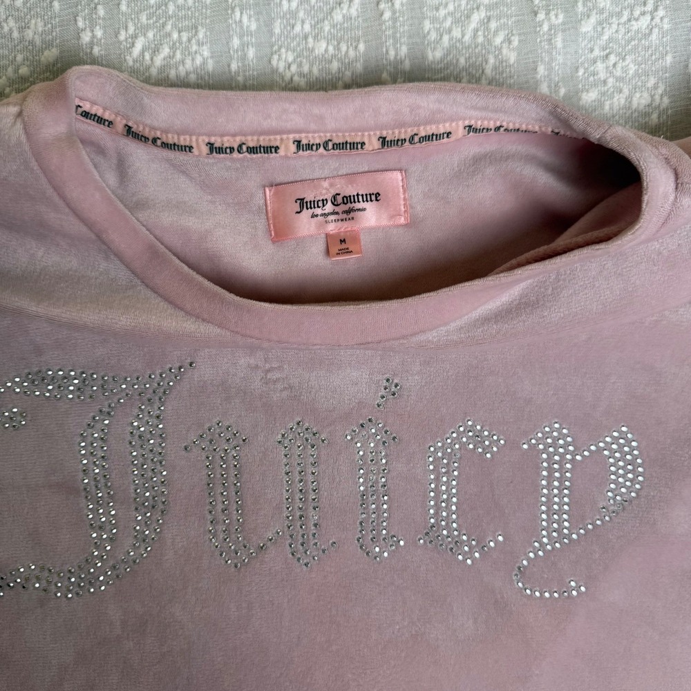 Juicy Couture Velour Pullover Sweater Pink Rhinestone Logo Crewneck Size M Y2K - Picture 3 of 16